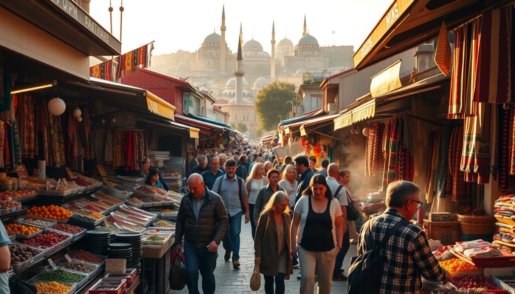 A bustling scene in the heart of Istanbul's vibrant markets, with vendors selling an array of goods - fresh produce, spices, traditional handicrafts, and street food. The foreground is alive with the energetic exchange of bargaining and the aroma of sizzling kebabs. In the middle ground, shoppers navigate the colorful stalls, examining textiles and haggling for the best deals. The background is filled with the iconic domes and minarets of the city's historic architecture, bathed in warm, golden sunlight. The overall atmosphere is one of lively commerce, cultural richness, and the rhythmic pulse of daily life in this captivating metropolis.