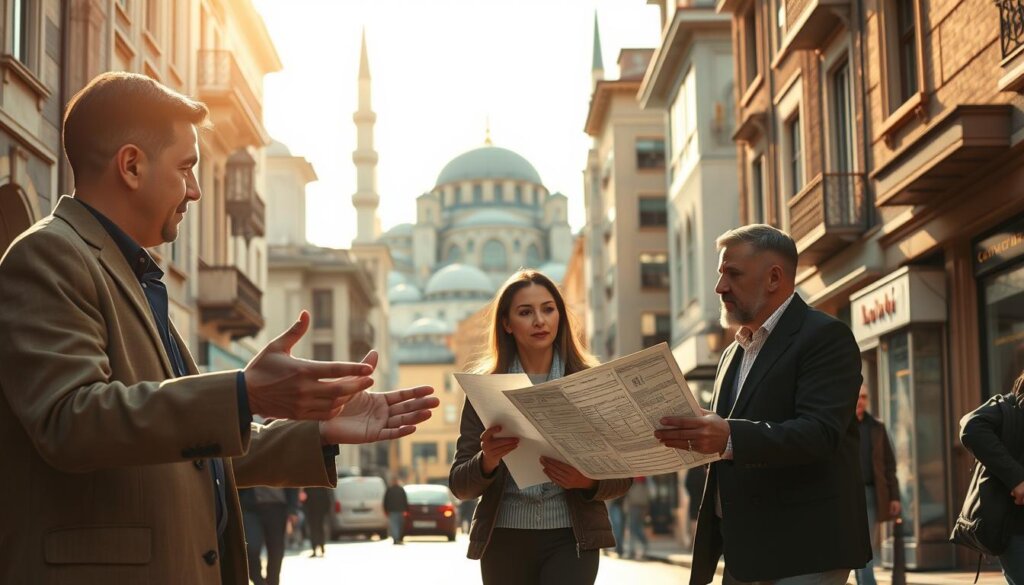 A bustling street in Istanbul's historic Sultanahmet district, where prospective homebuyers navigate the intricate process of purchasing property. In the foreground, a realtor gestures animatedly, discussing details with a couple as they examine floor plans. The middle ground reveals a mix of traditional Ottoman-style buildings and modern high-rises, hinting at the diverse real estate options available. Warm, golden sunlight filters through the scene, creating a sense of vibrant energy and opportunity. The background is filled with the iconic domes and minarets of the iconic Blue Mosque, serving as a timeless backdrop to the modern real estate transaction. An atmospheric, authentic portrayal of the Istanbul property buying experience.