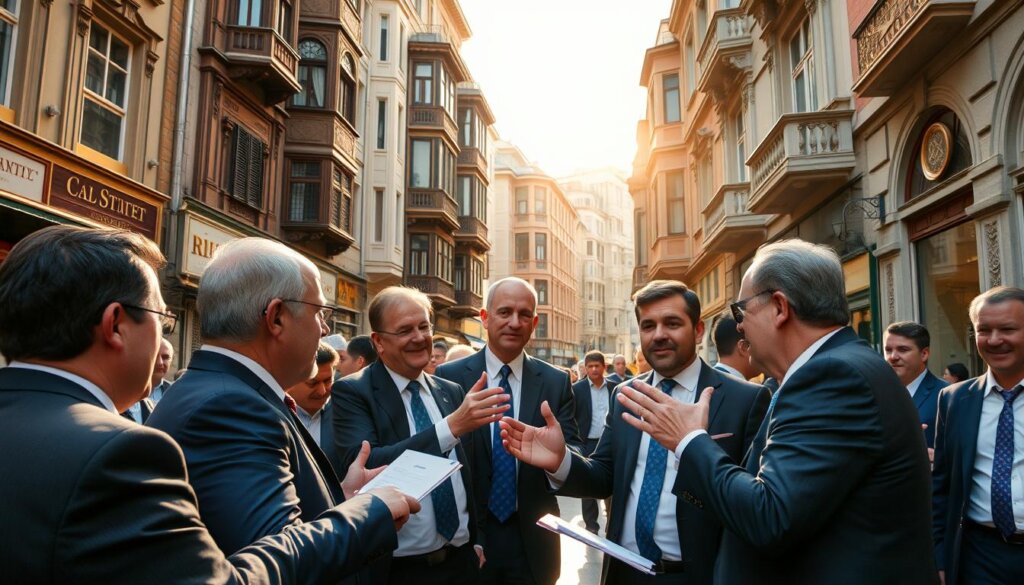 A bustling street in Istanbul's vibrant real estate district, with businessmen in suits and ties engaged in animated property negotiations. The sun casts a warm glow over the scene, highlighting the intricate facades of historic buildings in the background. Potential buyers and sellers gesticulate passionately, negotiating the details of a lucrative deal, as onlookers observe the high-stakes proceedings. The atmosphere is charged with a sense of opportunity and the potential for a life-changing transaction. A skilled real estate agent stands ready to facilitate the process, guiding the parties towards a mutually beneficial agreement.