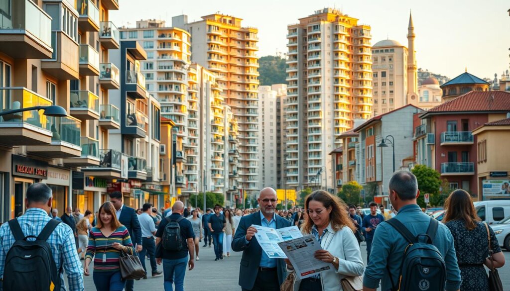 A bustling street in the heart of Mersin, Turkey, lined with a variety of apartment buildings and real estate options. In the foreground, prospective buyers examine detailed property listings, while in the middle ground, local real estate agents guide them through the process. The background features the distinctive architecture of the city, with a mix of modern high-rises and traditional Ottoman-style structures. The scene is bathed in warm, golden sunlight, conveying a sense of vibrancy and opportunity for those seeking a new home in this vibrant coastal city.