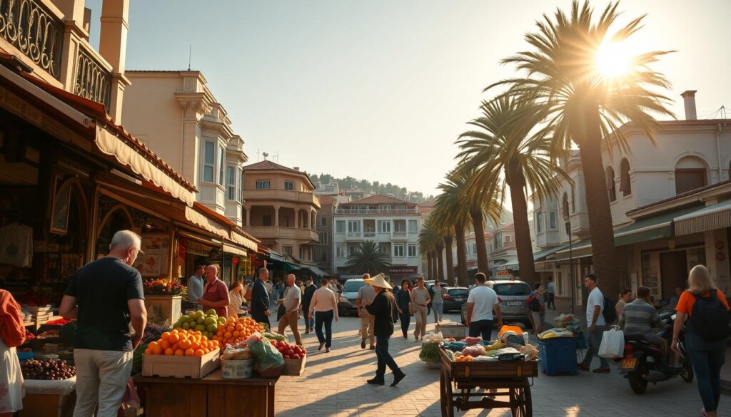 A bustling street scene in Side, Manavgat, capturing the daily expenses and utility costs of local life. In the foreground, a small street vendor selling fresh produce, their colorful wares neatly arranged on a wooden cart. Shoppers browse the stalls, haggling good-naturedly with the merchants. In the middle ground, a mix of residential and commercial buildings, their facades adorned with intricate architectural details. The sun casts a warm, golden glow, illuminating the scene and highlighting the lively energy of the neighborhood. In the background, towering palm trees sway gently, framing the view and lending a tranquil, Mediterranean ambiance to the setting.
