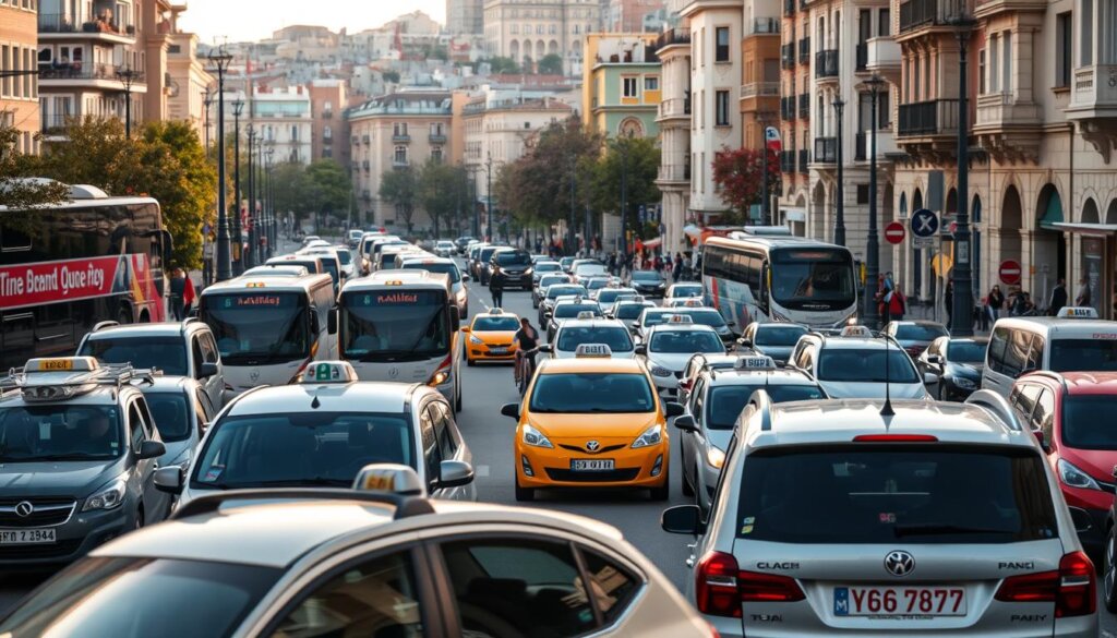 A bustling street scene in a Mediterranean city, with a focus on the transportation options available to residents and visitors. In the foreground, a mix of local buses, taxis, and rideshare vehicles vie for space on the roads, their distinct colors and designs creating a vibrant tapestry. In the middle ground, pedestrians and cyclists navigate the streets, weaving between the various modes of transportation. The background reveals the iconic architecture of the city, a mix of traditional and modern styles, hinting at the cultural and economic differences between Turkey and Spain. The lighting is natural, with the warm hues of the sun casting a gentle glow over the entire scene, conveying a sense of warmth and liveliness.
