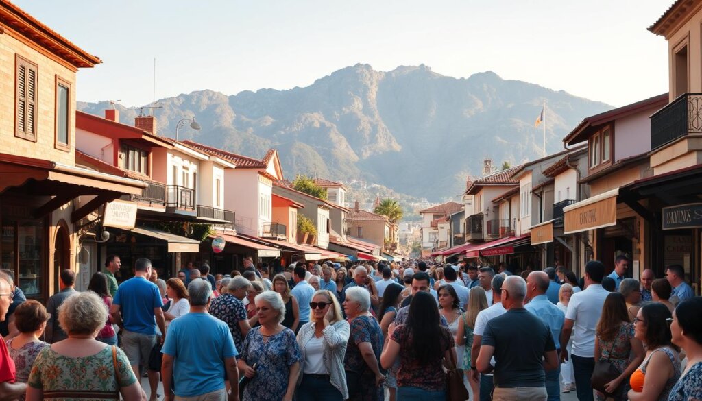 A bustling town square in Fethiye, Turkey, bathed in warm Mediterranean light. In the foreground, locals of diverse backgrounds mingle and converse animatedly, their vibrant clothing and lively gestures creating a tapestry of cultural exchange. The middle ground features quaint shops and cafes, their facades adorned with intricate architectural details that reflect the town's rich history. In the background, the majestic Taurus Mountains rise, their rugged peaks providing a stunning natural backdrop to this thriving multicultural community. The atmosphere is one of conviviality and acceptance, where traditions and customs seamlessly intertwine, creating a welcoming and inclusive environment for all who visit.