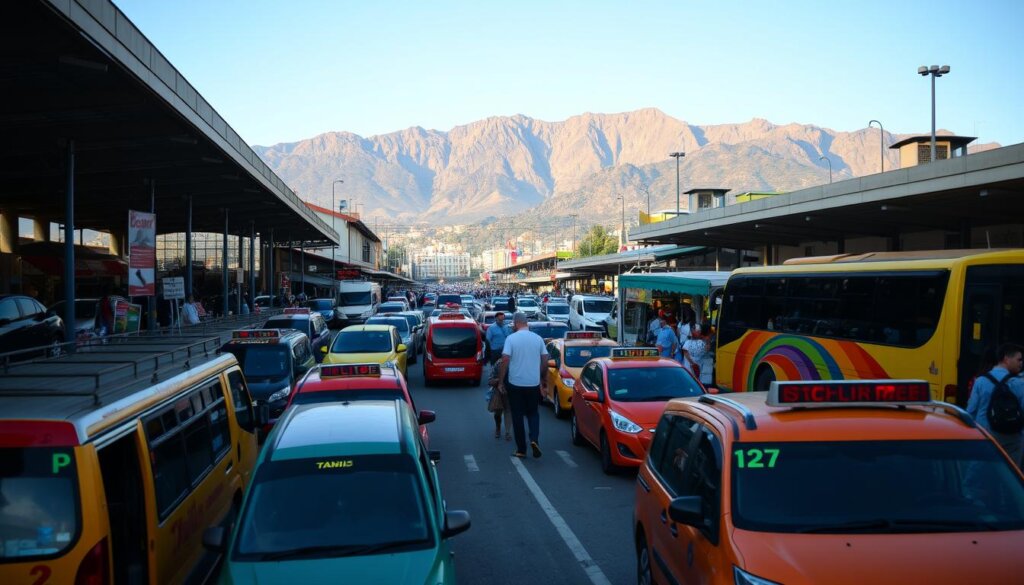 A bustling transportation hub in the heart of Fethiye, Turkey. In the foreground, a fleet of colorful dolmuş (shared minibuses) and taxis wait to ferry locals and tourists alike. In the middle ground, a bustling pedestrian plaza with vendors and travelers navigating the lively scene. In the background, the towering Taurus Mountains provide a dramatic natural backdrop, their peaks catching the warm glow of the Mediterranean sun. The lighting is natural and vibrant, capturing the energy and dynamism of this vital transportation nexus. A wide-angle lens showcases the scope and scale of this essential hub, connecting Fethiye to the broader region.