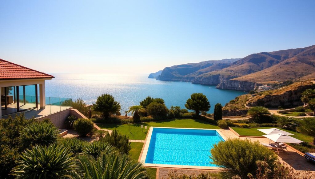 A coastal property nestled along the shores of Mersin, Turkey. In the foreground, a modern villa with a terrace overlooking the glistening Mediterranean Sea. The middle ground features lush, well-manicured gardens and a private pool that reflects the azure sky. In the background, rugged cliffs and rolling hills create a picturesque backdrop, bathed in the warm, golden light of the sun. The overall atmosphere exudes a sense of tranquility, comfort, and the perfect balance between natural beauty and luxurious living.
