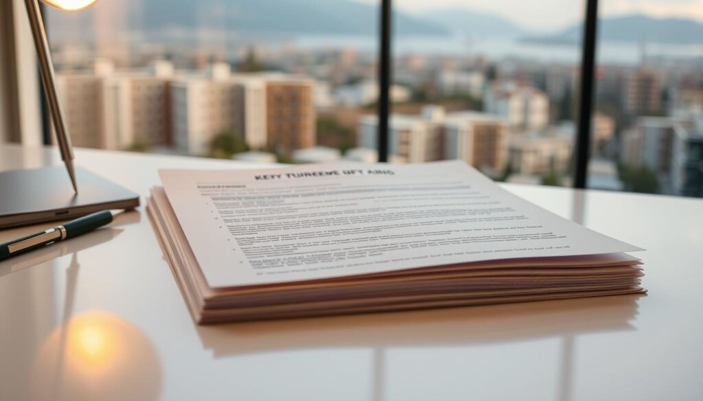 A comprehensive legal document outlining the key requirements for property buyers in Turkey, presented in an organized and visually appealing manner. The document is positioned on a clean, minimalist desk, with a warm, natural light illuminating the scene. The background showcases a blurred cityscape of Alanya, Turkey, hinting at the location of the real estate transaction. The document's pages are crisp and well-organized, conveying a sense of professionalism and attention to detail. The overall composition suggests a calm, authoritative, and informative atmosphere, befitting the subject matter.