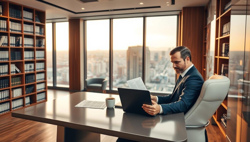 A contemporary office interior with a professional business atmosphere. In the foreground, a well-dressed executive sits at a sleek, modern desk, reviewing legal documents related to Mersin property rentals. On the desk, a laptop, a tablet, and a cup of coffee create a productive workspace. In the middle ground, tall bookshelves line the walls, filled with legal tomes and reference materials. The lighting is warm and inviting, with a combination of overhead and task lighting illuminating the scene. In the background, large windows offer a panoramic view of the cityscape of Mersin, conveying a sense of urban sophistication and the importance of understanding local regulations.