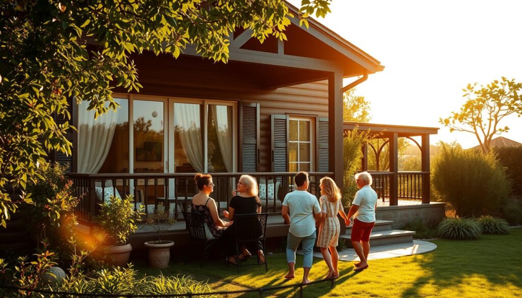 A cozy Turkish villa nestled amid lush greenery, with a well-manicured garden and a charming porch overlooking a sun-drenched terrace. Warm, golden light filters through large windows, casting a soft glow on the impeccably maintained interior, showcasing tasteful furnishings and decor that blend traditional Turkish aesthetics with modern comforts. In the foreground, a family gathers, engaged in lively conversation, radiating a sense of comfort and homeliness. The overall scene conveys the feeling of a property that has been lovingly cared for and is now ready to transition to a new owner, poised to continue its story within the vibrant Turkish real estate landscape.