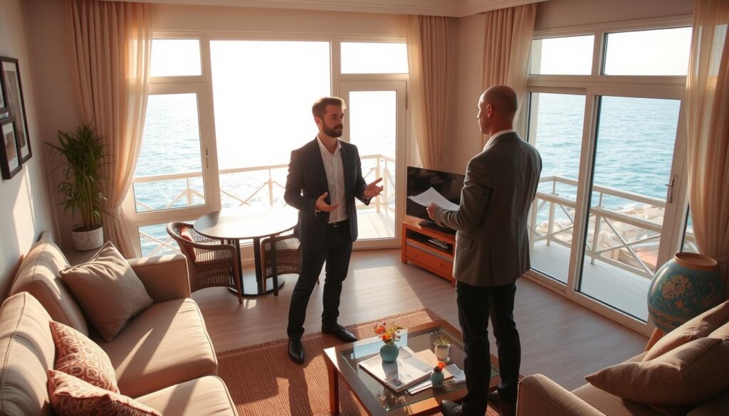 A cozy apartment in Alanya, Turkey. A sun-drenched living room with large windows overlooking the sparkling Mediterranean. A local real estate agent stands by, ready to guide a prospective tenant through the rental process - explaining lease terms, discussing amenities, and outlining the paperwork involved. The scene conveys a sense of excitement and anticipation as the tenant envisions settling into their new beachside home. Soft, warm lighting illuminates the space, creating an inviting atmosphere. The camera angle provides a panoramic view, capturing the agent's professionalism and the tenant's enthusiasm for this potential rental opportunity.