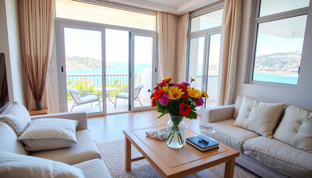 A cozy living room with large windows overlooking a Mediterranean balcony, filled with sunlight and featuring various decor elements that suggest preparation for rental - freshly folded linens, neatly arranged pillows, and a vase of vibrant flowers on the coffee table. The room has a warm, inviting atmosphere, with a neutral color palette and modern, minimalist furnishings that create a sense of relaxation and comfort. The balcony in the background offers a glimpse of the picturesque Alanya coastline, with its azure waters and lush greenery. The overall scene conveys a sense of welcoming and readiness for potential tenants.