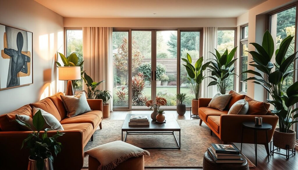 A cozy living room with warm lighting, meticulously arranged to showcase the property's best features. Mid-century modern furniture in earthy tones, complemented by lush indoor plants and soft textiles. Large windows overlooking a picturesque garden, flooding the space with natural light. Carefully curated decor elements like abstract wall art and sleek coffee table books create an inviting, cohesive ambiance. The room conveys a sense of sophistication and comfort, enticing potential buyers to envision themselves living in this well-presented, move-in ready home.