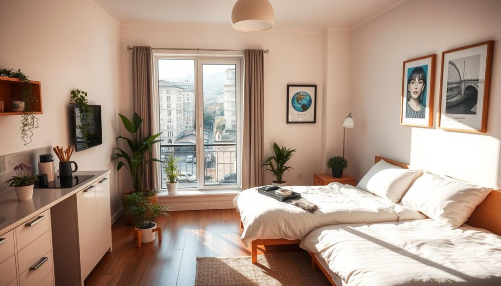 A cozy studio apartment in Istanbul, Turkey, basking in warm, natural light. The space features clean, minimalist lines, with a large window overlooking the bustling city streets below. Wooden floors and neutral-toned furnishings create a sense of tranquility, while a small kitchenette and a plush, inviting bed occupy the open-concept layout. Potted plants and artwork on the walls add personal touches, reflecting the residents' style. The scene evokes a harmonious blend of modern urban living and the unique character of Turkish design.