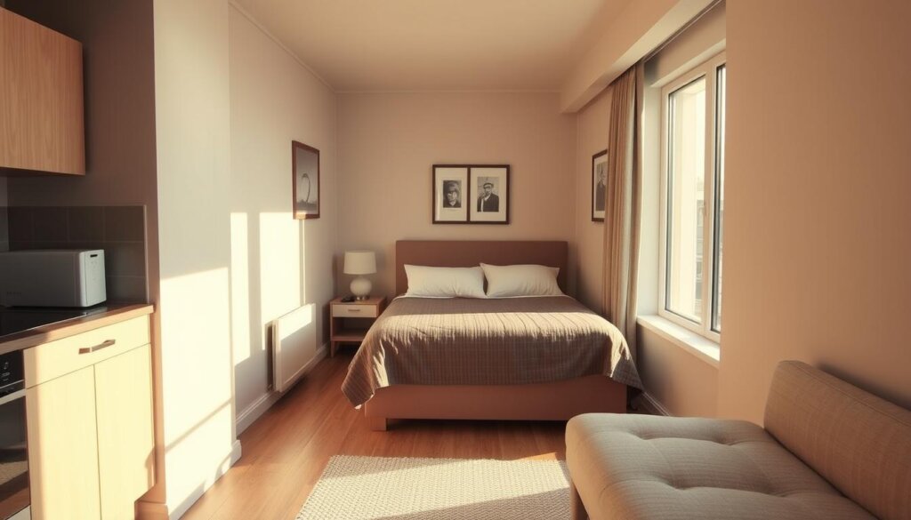 A cozy studio apartment in Istanbul, bathed in warm, golden light filtering through large windows. The compact, minimalist interior is tastefully decorated with earthy tones and natural textures, creating a serene and inviting atmosphere. A small yet efficient kitchenette occupies one corner, while a comfy living area and a neatly arranged sleeping nook dominate the center of the space. The room is filled with a sense of urban sophistication, perfect for a single professional or a young couple seeking a smart, practical investment in the heart of the vibrant city.