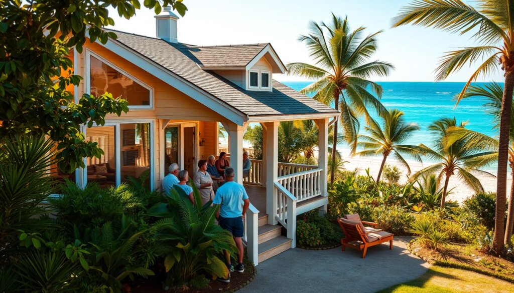 A cozy, sun-drenched beach house nestled amidst lush greenery, with a wraparound porch and a stunning view of the turquoise ocean. Warm, inviting lighting filters through large windows, creating a welcoming atmosphere. In the foreground, a group of guests gather on the porch, discussing their holiday experiences and reviewing the rental property. The middle ground showcases the well-appointed interior, with tasteful furnishings and modern amenities. The background depicts the tranquil seaside setting, complete with swaying palm trees and a picturesque horizon. The overall scene conveys a sense of relaxation, comfort, and positive guest satisfaction.