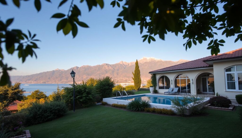 A cozy villa nestled in the picturesque town of Alanya, Turkey. The foreground features a well-manicured garden with lush greenery, a sparkling swimming pool, and inviting lounge chairs. The middle ground showcases the villa's elegant Mediterranean-style architecture, complete with terracotta roof tiles and arched windows that let in the warm, golden sunlight. In the background, the stunning Taurus Mountains rise, their peaks dusted with a hint of snow. The image conveys a sense of tranquility and luxury, perfectly capturing the essence of the villa's amenities and the allure of Alanya's affordable, yet high-end, real estate.