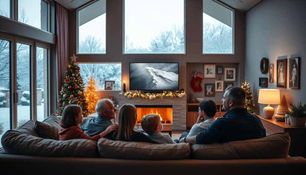 A cozy, well-lit family room in a modern, family-friendly holiday home. In the foreground, a group of people, likely a family, sit on a plush, comfortable sofa, engaged in a conversation. The middle ground features a large, flat-screen TV mounted on the wall, with various holiday-themed decorations and frames surrounding it. The background showcases the room's large windows, allowing natural light to fill the space and offering a picturesque view of a snowy, winter landscape outside. The overall atmosphere is warm, inviting, and conveys a sense of a secure, well-curated living space suitable for hosting potential tenants. The lighting is soft and ambient, creating a welcoming and relaxing ambiance.