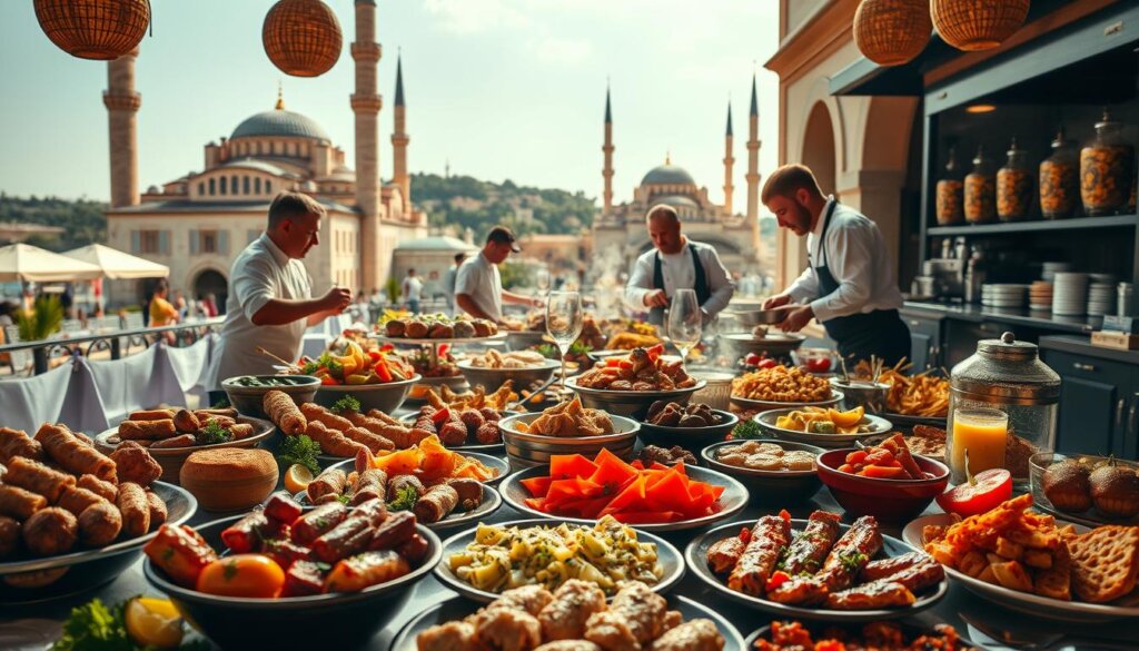 A culinary contrast unfolds: a vibrant Turkish feast, featuring the diverse flavors of Istanbul and Antalya. In the foreground, a grand spread of iconic dishes - fragrant kebabs, flaky baklava, steaming meze platters. Vibrant colors and textures dance across the table, inviting the senses to explore. In the middle ground, chefs in traditional garb skillfully prepare the regional specialties, their movements captured in a cinematic snapshot. The background reveals the unique architectural backdrops of each city - the historic grandeur of Istanbul's mosques juxtaposed with the sun-drenched seaside charm of Antalya. The lighting is warm and inviting, casting a golden glow that heightens the mouthwatering appeal. This image celebrates the culinary tapestry that defines the Turkish experience, a visual feast for the article's readers.