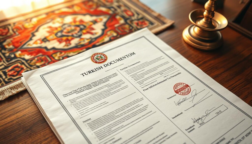 A detailed Turkish property documentation file lying on a wooden desk, illuminated by warm, soft lighting. The document showcases official seals, stamps, and signatures, conveying a sense of legal authenticity. In the background, an ornate Turkish rug and a brass candlestick add cultural and historical context, evoking the rich heritage of Turkey. The composition emphasizes the importance and complexity of the buying process, while maintaining a professional, yet inviting atmosphere.