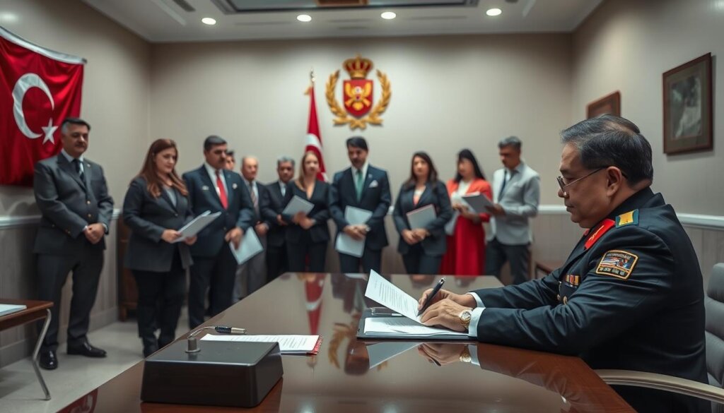 A detailed and official-looking process for obtaining military clearance for property in Turkey. In the foreground, a government official in uniform sitting at a desk, stamping documents and examining them carefully. In the middle ground, prospective property owners in business attire waiting in line, holding folders with paperwork. In the background, a Turkish flag hangs on the wall, and a coat of arms or emblem signifies the authority of the institution. The lighting is professional and consistent, creating a sense of seriousness and legitimacy. The overall atmosphere conveys the gravity and complexity of the military clearance process for foreign property ownership.