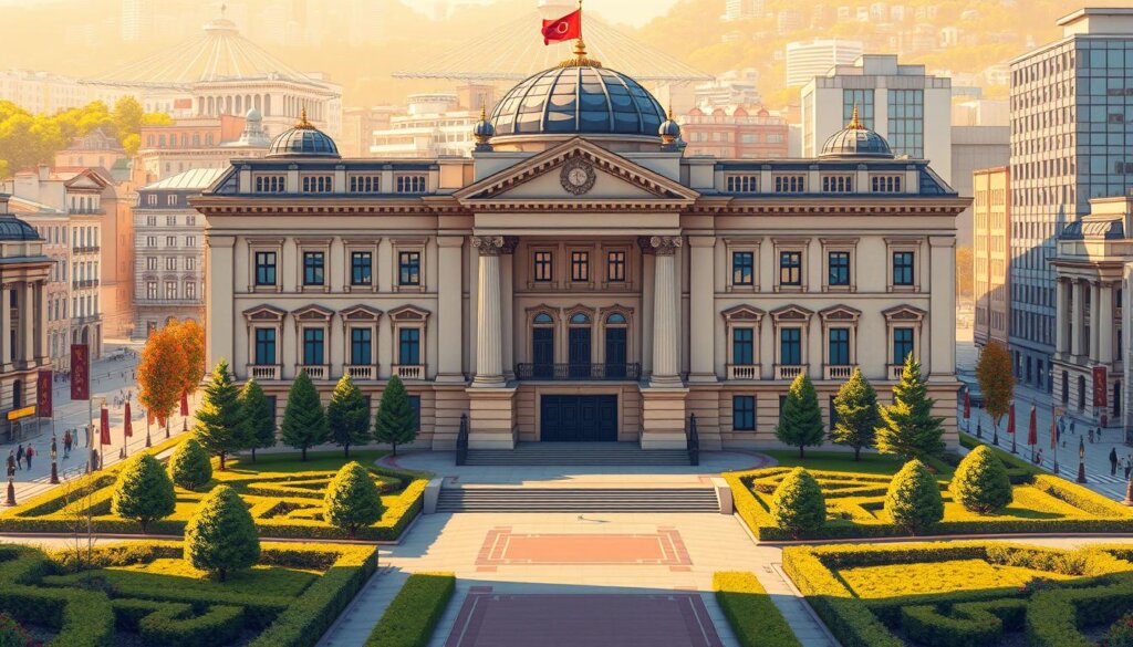 A detailed architectural illustration of a modern Turkish government building with a prominent entrance and a grand facade, showcasing its classical Ottoman-inspired design. The building is situated in a bustling urban setting, with a well-manicured landscaped garden in the foreground and bustling city streets in the background. The scene is bathed in warm, golden sunlight, creating a sense of grandeur and authority. The image should convey the stability, tradition, and bureaucratic nature of the Turkish property tax system.