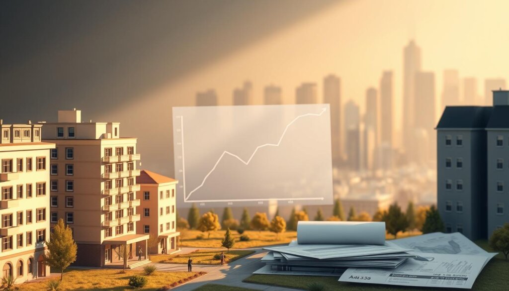 A detailed, architectural illustration of annual property tax calculations, showcased against a muted, professional backdrop. Meticulously rendered building facades, land plots, and tax documents occupy the foreground, bathed in warm, directional lighting that casts subtle shadows. The middle ground features a minimalist, geometric graph visualizing property tax trends over time, while the background depicts a city skyline in soft focus, emphasizing the broader economic context. The overall composition conveys a sense of analytical clarity and financial responsibility, suitable for educating prospective property owners.