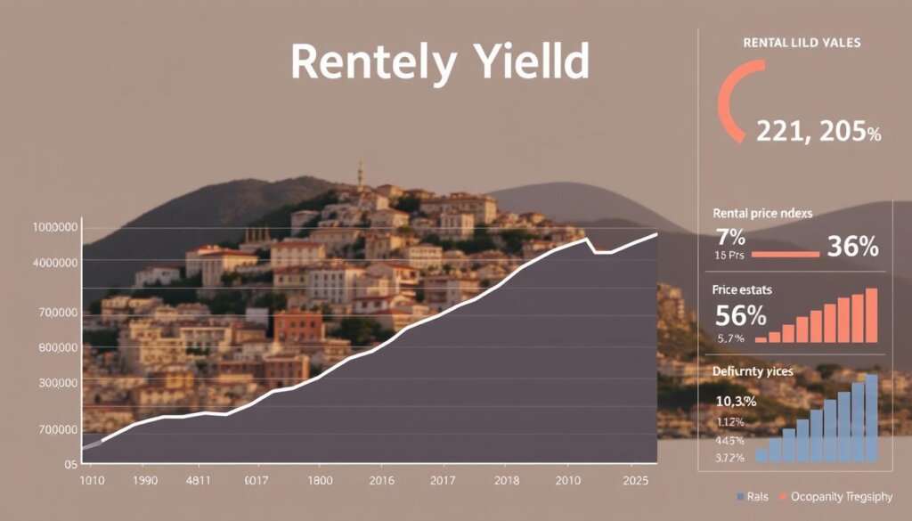 A detailed, data-driven visualization of rental yield trends in the Fethiye real estate market, captured in a clean, modern aesthetic. The foreground showcases a sleek, minimalist graph charting the historical and projected rental yields for various property types, rendered in a neutral color palette. The middle ground features a stylized cityscape of Fethiye, with its iconic Mediterranean architecture bathed in warm, golden lighting, conveying an atmosphere of prosperity and opportunity. The background subtly incorporates relevant market data, such as rental price indexes and occupancy rates, presented in a visually-appealing, infographic-style layout. The entire composition aims to inform and inspire potential real estate investors, highlighting the attractive investment prospects in the Fethiye market.