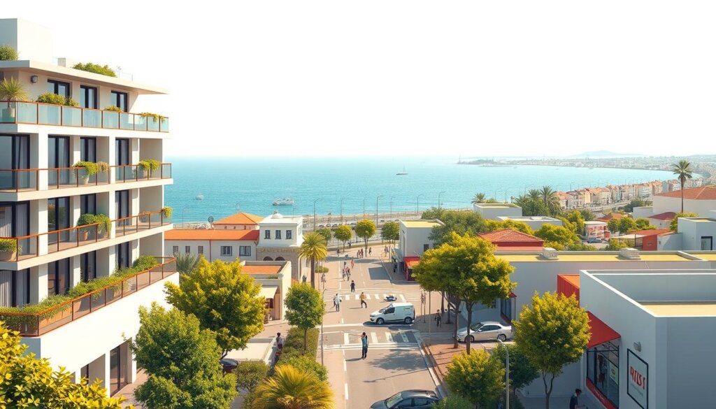 A detailed illustration of key factors to consider when buying an apartment in Mersin. In the foreground, a modern apartment building with sleek architecture and large windows, surrounded by lush greenery. In the middle ground, a bustling street scene with pedestrians, cars, and local shops, showcasing the urban vibrancy of the neighborhood. In the background, a panoramic view of the Mediterranean Sea, highlighting the coastal location. The lighting is warm and inviting, creating a pleasant, lived-in atmosphere. The scene is captured with a wide-angle lens to convey a sense of scale and comprehensive perspective on the location factors.