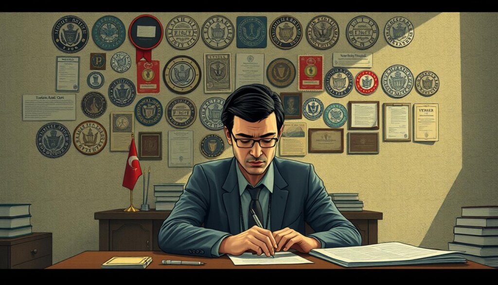 A detailed illustration of the Turkish tax number application process, captured in a cinematic style. The foreground depicts a person sitting at a desk, reviewing official documents and filling out forms with a focused expression. The middle ground showcases an array of government seals, stamps, and bureaucratic paraphernalia, conveying the formal and administrative nature of the process. The background features a muted, yet richly textured office environment, with subtle lighting and shadows to create a sense of depth and atmosphere. The overall mood is one of diligence and attention to detail, reflecting the meticulous steps required to obtain a Turkish tax number, an essential document for foreign property ownership in Mersin.