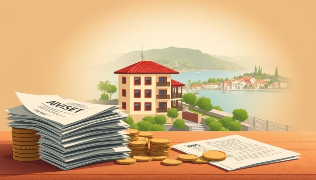A detailed illustration of the various additional costs and taxes involved in purchasing property in Turkey. Set in a warm, earthy color palette, the image features a foreground with stacks of coins, invoices, and property documents, conveying the financial aspects. The middle ground showcases a stylized Turkish residential building, reflecting the local real estate context. The background depicts a panoramic view of the picturesque Kalkan coastline, capturing the scenic location. The lighting is soft and diffused, creating a sense of tranquility and authenticity. The overall composition emphasizes the interconnectedness of the financial, architectural, and geographical elements that prospective property buyers in Turkey need to consider.