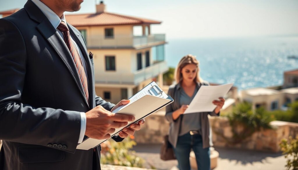 A detailed scene depicting the contrast between a professional real estate agent and a DIY home seller in Turkey. In the foreground, a sharply dressed real estate agent stands confidently, holding a clipboard and gesturing with an air of expertise. In the middle ground, a homeowner in casual clothing examines property documents, looking pensive. The background showcases a picturesque Turkish coastal town, with sun-drenched Mediterranean architecture and a glimpse of the sparkling blue sea. The lighting is natural and warm, creating a sense of depth and emphasis on the central figures. The composition is balanced, with the agents and homeowner engaged in a contemplative dialogue, reflecting the nuances of the "Working with Real Estate Agents versus DIY Selling" section.