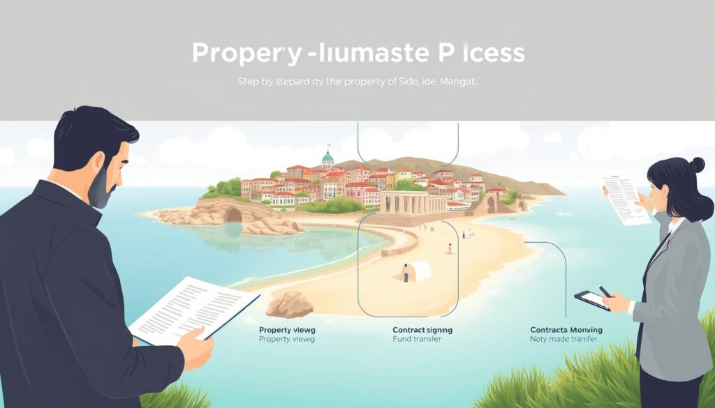 A detailed, step-by-step illustration of the property purchase process in a serene, coastal setting. In the foreground, a prospective buyer reviews documentation, with a notary and real estate agent nearby, gesturing and discussing the transaction. The middle ground showcases the key stages - property viewing, contract signing, and fund transfer. In the background, the picturesque town of Side, Manavgat, with its ancient ruins, sandy beaches, and turquoise waters, creates a warm, Mediterranean ambiance. Soft, diffused lighting and a muted color palette evoke a sense of professionalism and tranquility. The composition is balanced, with clean lines and a harmonious flow, guiding the viewer through the step-by-step process.