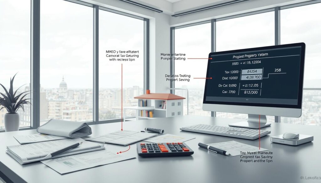 A detailed, step-by-step illustration of various property tax calculation methods used in the Turkish real estate system. Set in a modern, minimalist office environment, with clean lines, neutral colors, and muted lighting. In the foreground, various financial documents, calculators, and a computer screen displaying a formula-based calculation interface. In the middle ground, a stylized architectural model of a residential property. In the background, a large window overlooking a scenic urban landscape. The overall atmosphere is one of professionalism, precision, and a clear understanding of the complex Turkish property tax framework.