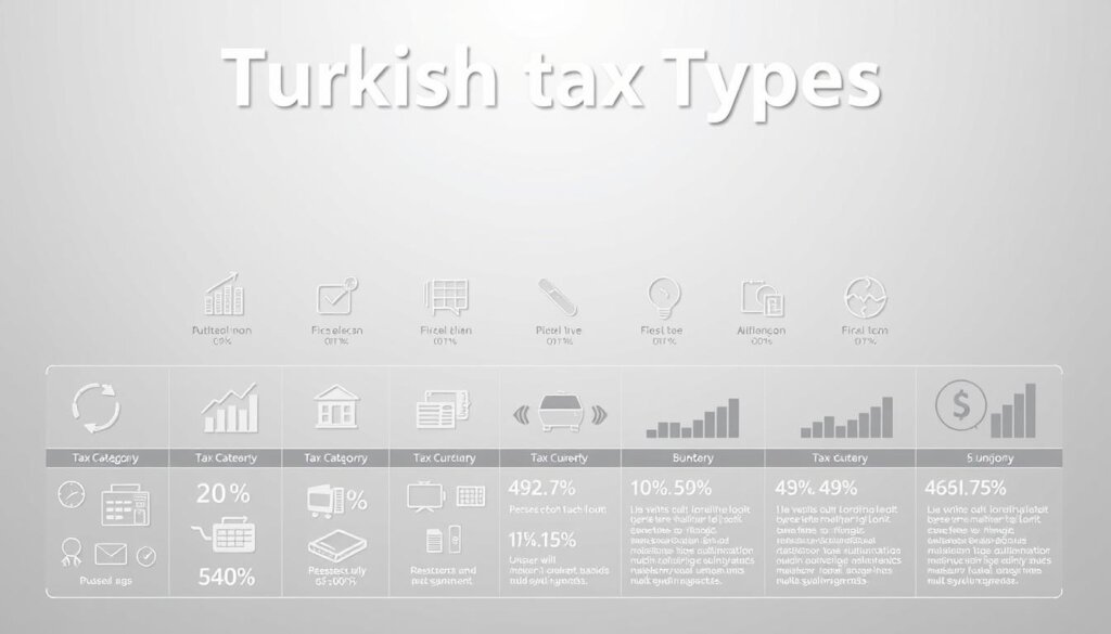 A detailed technical breakdown of Turkish tax types, presented in a clean, infographic-style composition. The foreground features neatly organized icons and graphics illustrating the various tax categories, arranged in a cohesive layout. The middle ground showcases simplified data visualizations highlighting the relative proportions of each tax type. The background provides a subtle, minimalist context, with a soft, uniform gradient that avoids distractions, allowing the key information to take center stage. Rendered in a muted color palette with gentle lighting, creating a professional, authoritative tone befitting the subject matter.