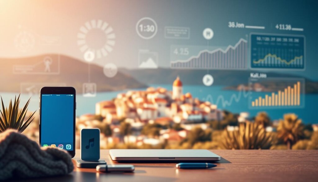 A digital landscape depicting Kalkan's marketing strategies. In the foreground, an array of digital devices representing various marketing channels - a smartphone, a laptop, a tablet, and social media icons. In the middle ground, a stylized illustration of Kalkan's iconic architecture and coastline, conveying the essence of the town. The background features a dynamic data visualization, showcasing analytics and digital metrics relevant to effective marketing. The overall scene is bathed in a warm, inviting color palette, evoking a sense of sophistication and digital savvy. The lighting is soft and diffused, creating a professional, yet approachable atmosphere.