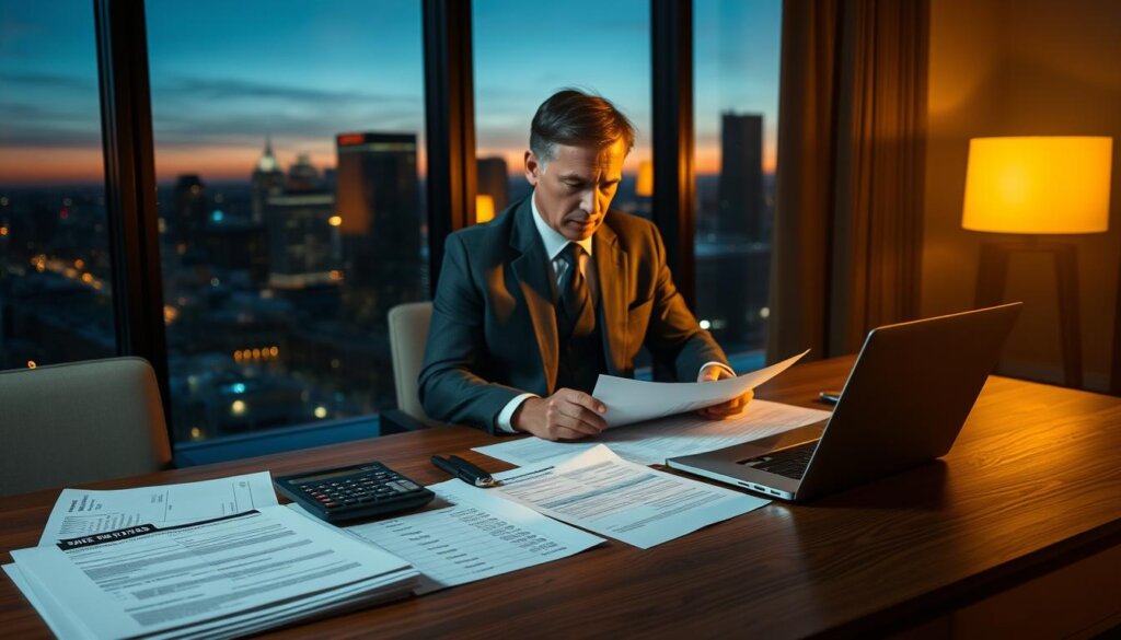A dimly lit office setting, with a large wooden desk in the foreground. On the desk, a stack of financial documents, a calculator, and a laptop displaying complex tax forms. In the middle ground, a well-dressed investor, poring over the documents with a focused expression. The background features floor-to-ceiling windows, offering a view of a bustling city skyline at dusk, hinting at the global implications of the investment decisions being made. The scene is illuminated by a warm, golden light, creating a sense of depth and atmosphere. The overall mood evokes the weighty considerations and high-stakes nature of tax planning for foreign property investments.