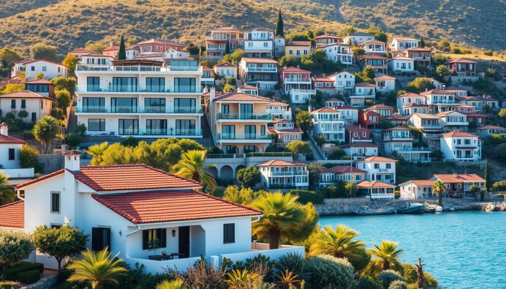 A diverse array of residential properties nestled in the picturesque coastal town of Kas, Turkey. In the foreground, a charming villa with whitewashed walls and a terracotta roof, surrounded by lush Mediterranean landscaping. In the middle ground, a modern apartment building with sleek balconies overlooking the glistening Aegean Sea. In the background, traditional Turkish townhouses cascade down the hillside, their vibrant colors reflecting the warm, golden sunlight. The scene exudes a tranquil, laidback atmosphere, inviting prospective homeowners to envision their ideal Kas lifestyle, whether a seaside retreat, a contemporary urban abode, or a historic family home.