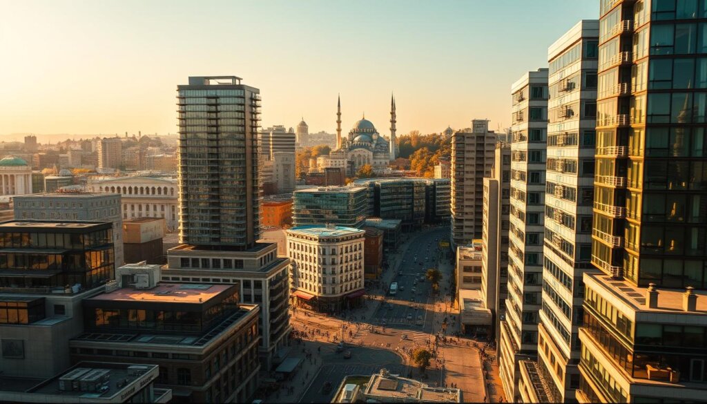 A dynamic cityscape of Istanbul's bustling real estate market, captured in a cinematic wide-angle view. The foreground showcases a diverse array of modern high-rise buildings, their glass facades reflecting the city's vibrant energy. In the middle ground, bustling streets teeming with people and vehicles hint at the thriving activity. The background features the iconic silhouette of historic landmarks, such as the Hagia Sophia and the Blue Mosque, creating a striking contrast between old and new. The scene is bathed in warm, golden afternoon light, evoking a sense of prosperity and opportunity. Subtle camera motion adds a sense of movement, mirroring the constant evolution of the Istanbul real estate landscape.
