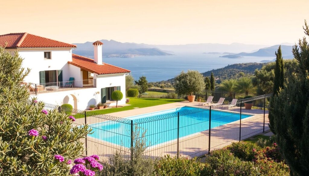 A family-friendly villa with a secure, inviting pool nestled in a lush, Mediterranean landscape. The villa's exterior features a classic, whitewashed Mediterranean architecture with terracotta roofing, surrounded by a well-manicured garden filled with fragrant flowers and olive trees. The pool area is enclosed by a sturdy, wrought-iron fence, ensuring the safety of children while allowing them to enjoy the cool, azure waters under the warm, golden sunlight. The villa's interior is tastefully decorated with natural materials, neutral colors, and modern amenities, creating a cozy, comfortable atmosphere for a relaxing family vacation. The scene is framed by a picturesque vista of the nearby coastline and distant mountains, conveying a sense of tranquility and seclusion.