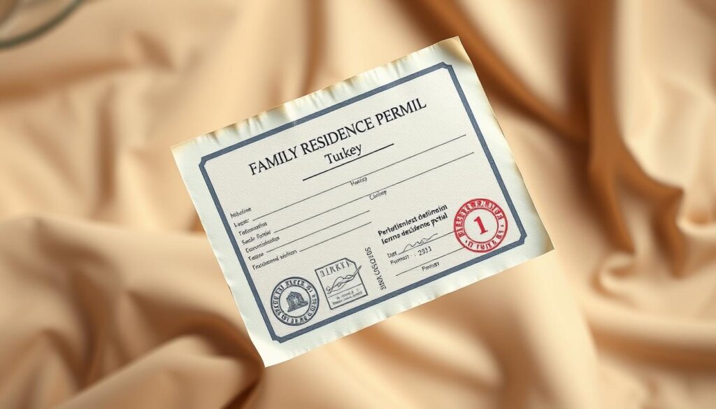 A family residence permit document floating on a soft, blurred background, with a warm, subtle lighting. The permit is made of high-quality, textured paper, with official-looking stamps and seals. The edges are slightly worn, hinting at its importance and history. The composition is balanced, with the permit taking up the central focus, surrounded by a sense of security and stability. The overall mood is one of official documentation, conveying the legal and administrative aspects of obtaining a family residence permit in Turkey.