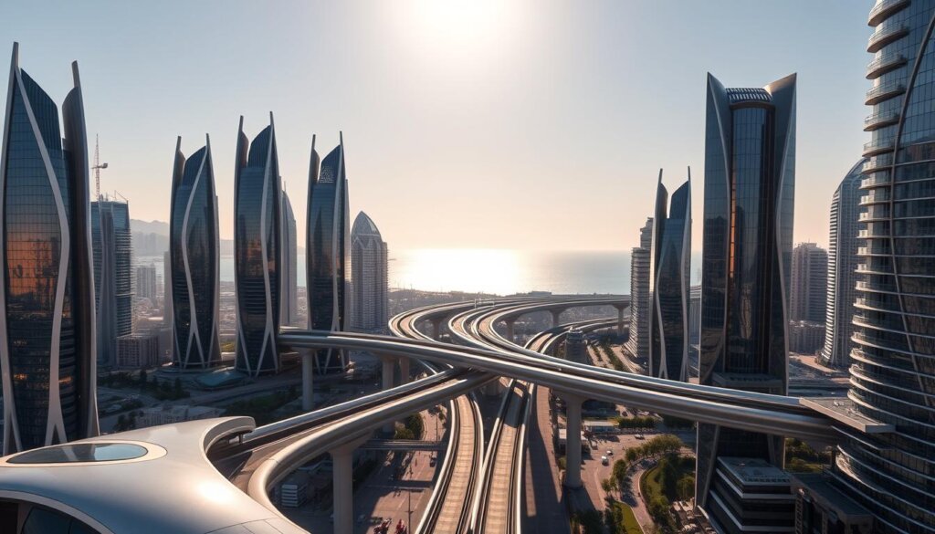 A futuristic cityscape of Mersin, Turkey, showcasing the city's ambitious infrastructure development. In the foreground, towering skyscrapers with sleek, angular designs reach towards the sky, their glass facades reflecting the warm, golden light of the setting sun. In the middle ground, a network of elevated transit lines and monorails weave between the buildings, transporting people efficiently through the bustling metropolis. In the background, the sparkling Mediterranean Sea provides a serene backdrop, contrasting with the dynamic urban landscape. The scene conveys a sense of progress, modernity, and technological advancement, hinting at Mersin's transformation into a vibrant, forward-looking city.