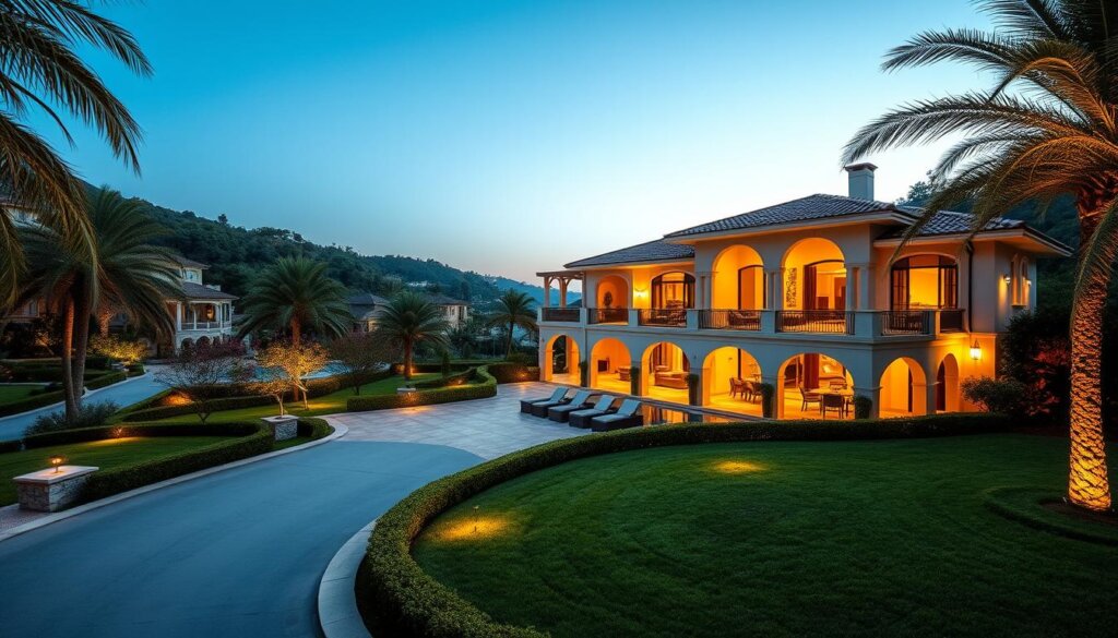 A grand Mediterranean-style villa nestled in the picturesque hills of Alanya, exuding luxury and sophistication. A sweeping driveway leads to the villa's impressive facade, framed by lush, manicured landscaping. Large windows and a balcony overlook the sparkling azure waters of the Aegean Sea. Inside, the villa features high ceilings, polished marble floors, and opulent furnishings. A team of attentive staff ensures every need is met, from concierge services to housekeeping and maintenance. Warm, golden lighting creates a welcoming ambiance, while a private pool and outdoor lounging areas invite guests to bask in the Mediterranean sun. This villa represents the epitome of premium villa management services, offering a seamless, luxurious experience for discerning homeowners.