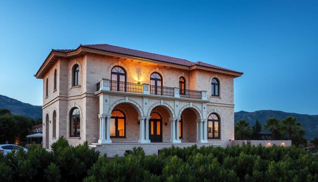 A grand stone villa nestled in the picturesque town of Kas, Turkey. The facade features intricate arched windows, elegant columns, and a terracotta-tiled roof that captures the Mediterranean aesthetic. The villa is set against a backdrop of rolling hills and a clear blue sky, with lush greenery in the foreground. Soft, warm lighting illuminates the scene, creating a serene and inviting atmosphere. The villa's design seamlessly blends traditional elements with modern comforts, showcasing the region's rich architectural heritage. This timeless villa exemplifies the charm and sophistication that define the popular villa types for sale in Kas.