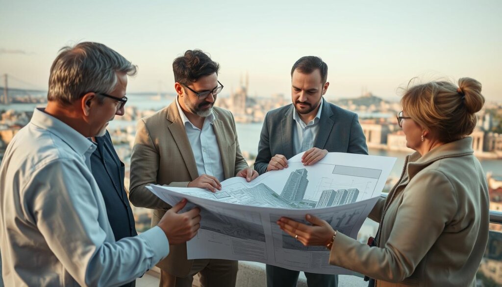 A group of industry experts engaged in an animated discussion, examining architectural plans and renderings of a high-rise residential development, Emerald Towers, set against the iconic skyline of Istanbul. The scene is captured in a stylish, documentary-style aesthetic, with warm, natural lighting and a shallow depth of field that focuses attention on the detailed commentary and gestures of the experts. The background features a panoramic view of the Bosphorus Strait and the historic landmarks of the city, creating a sense of place and authority.