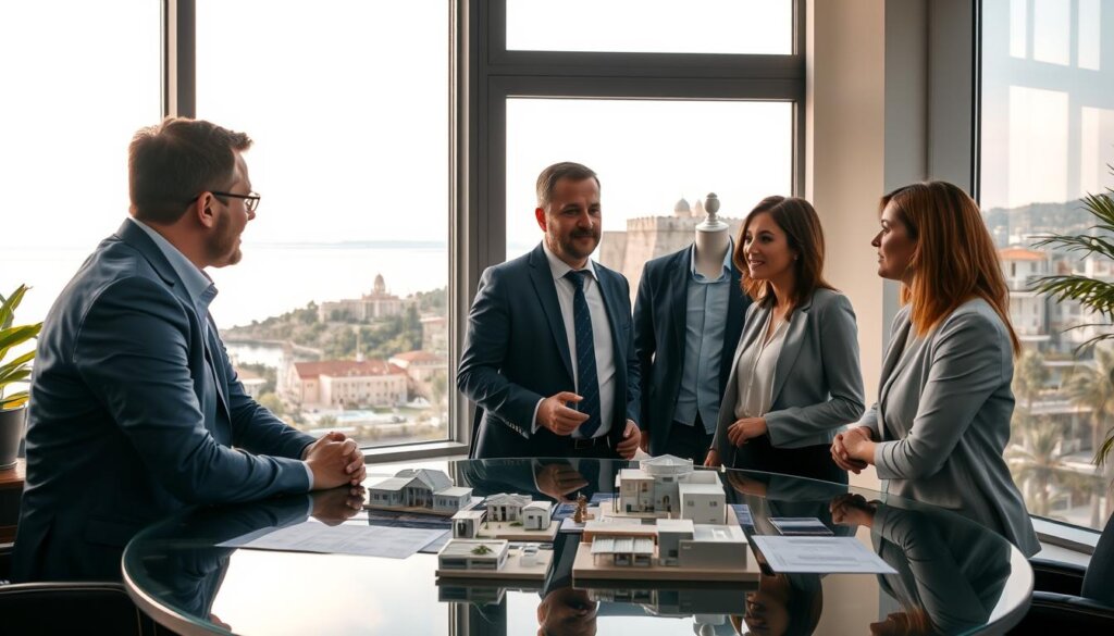 A group of local real estate experts in Alanya, Turkey, gathered in a modern office setting. The foreground features three professionals in business attire, engaged in a collaborative discussion around a sleek glass table. Soft, diffused lighting from large windows creates a warm, inviting atmosphere. In the middle ground, various architectural models and property listings are visible, hinting at the experts' comprehensive knowledge of the local real estate market. The background showcases a panoramic view of the Mediterranean coastline, with the iconic Alanya Castle in the distance, reflecting the distinct charm and appeal of this Turkish city. The overall scene conveys a sense of expertise, professionalism, and the local's deep understanding of navigating the region's real estate landscape.