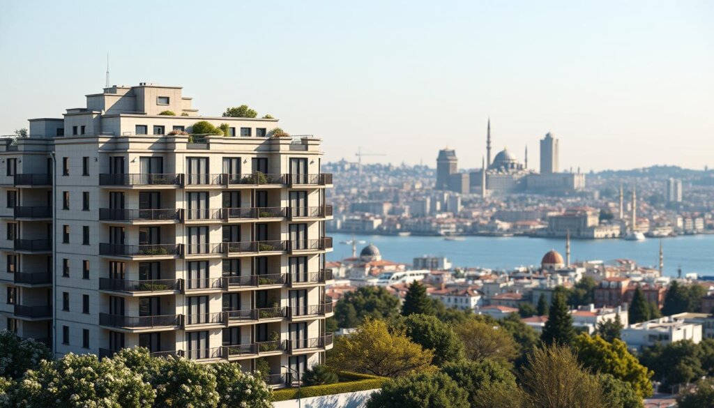 A high-quality architectural rendering of a residential real estate property in Istanbul, Turkey, showcasing the city's vibrant skyline and iconic landmarks in the background. The foreground features a detailed 3D model of an upscale apartment building, with attention to the intricate facade details, balconies, and landscaping. The lighting is crisp and natural, creating a sense of warmth and depth. The camera angle is slightly elevated, providing a comprehensive view of the property and its surrounding urban landscape. The overall mood is one of sophistication and modernity, reflecting the city's status as a global financial and cultural hub.