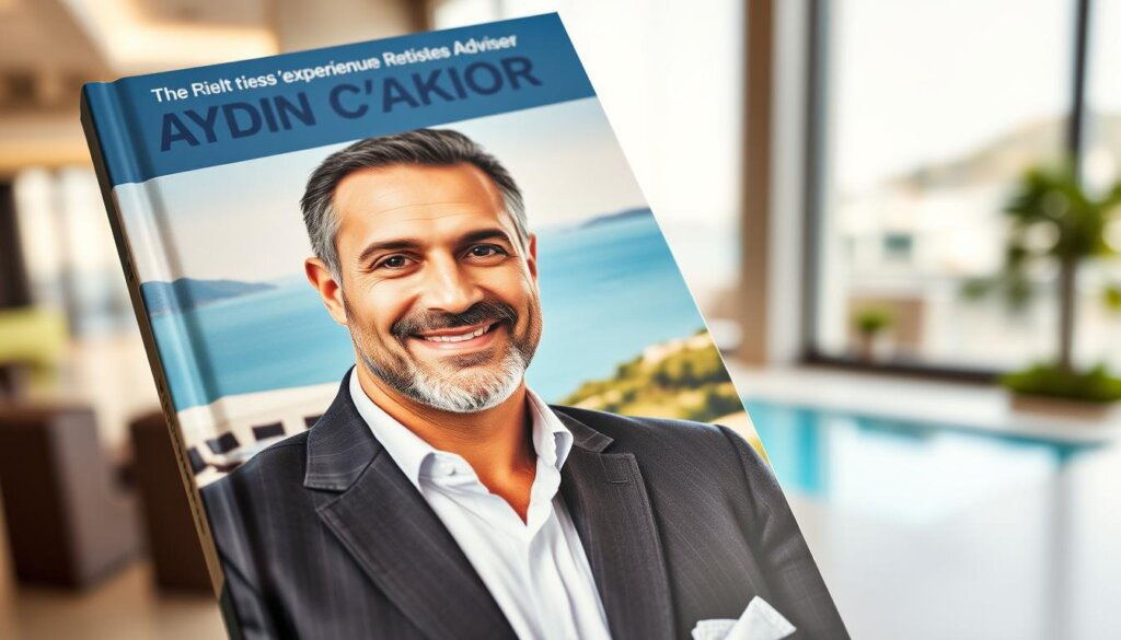 A high-quality, well-lit real estate guidebook with a professional, authoritative atmosphere. On the cover, a close-up portrait of an experienced real estate advisor, Aydın Çakır, rendered in a realistic, detailed style. Behind him, a blurred background depicting a picturesque seaside villa, hinting at the subject matter. The lighting is warm and inviting, highlighting Aydın's friendly yet knowledgeable expression. The composition and depth of field draw the viewer's attention to the central figure, establishing him as the expert guide. The overall aesthetic is polished and sophisticated, reflecting the premium rental services discussed within.