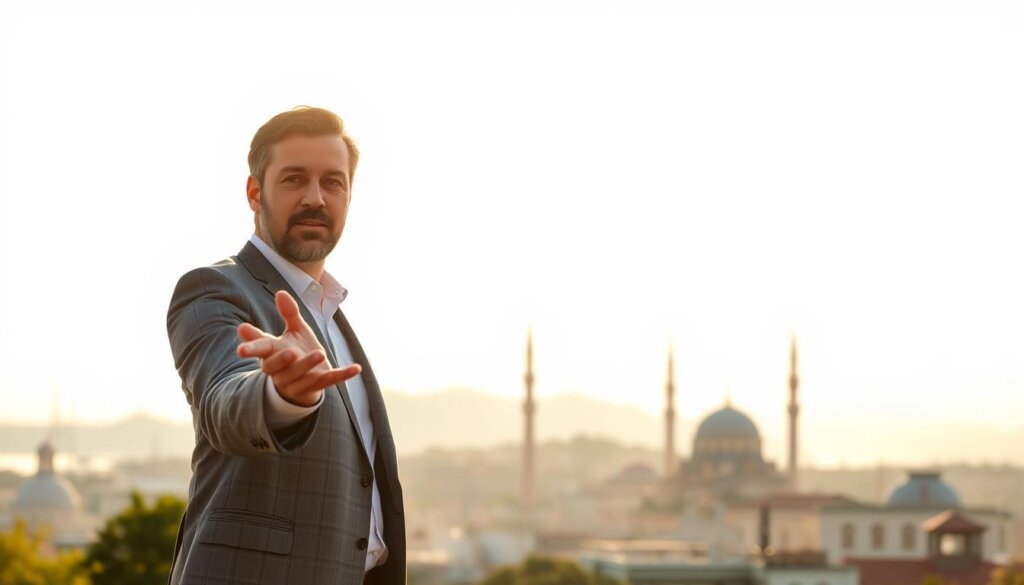 A knowledgeable Istanbul real estate expert stands confidently, gesturing towards a backdrop of the city's iconic skyline. Warm, golden sunlight filters through the scene, casting a refined, professional aura. The expert's posture and attire convey expertise and trustworthiness, inviting the viewer to heed their insights on smart property investment in this vibrant global hub. The cityscape in the distance provides a sense of place, highlighting Istanbul's allure as a destination for savvy international investors seeking lucrative opportunities.