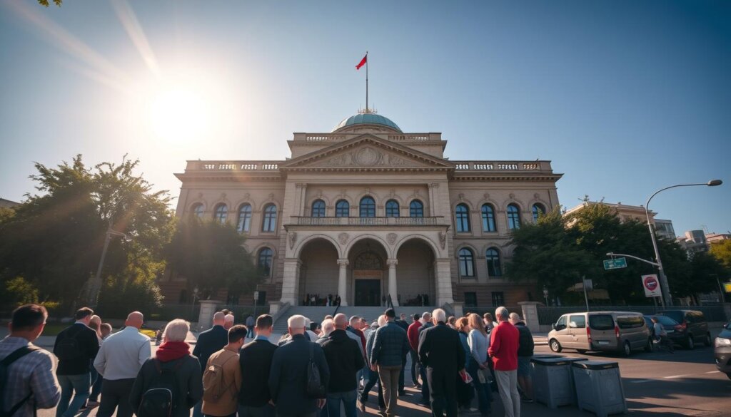 A large, sun-lit government building with a classic Ottoman architectural style, surrounded by lush greenery and a bustling street. In the foreground, a queue of people waiting to enter the building, representing the conveyancing process at the local land registry office. The scene is captured with a wide-angle lens, creating a sense of depth and scale. The lighting is warm and natural, casting long shadows and highlighting the intricate details of the building's façade. The overall mood is one of efficiency and order, reflecting the importance of the land registry process in Turkey.