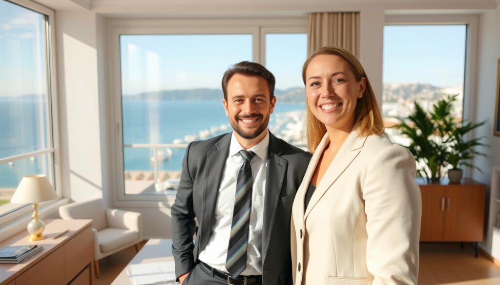 A licensed real estate agent stands in a bright, airy office, offering advice on property investments in Alanya. The agent's friendly demeanor and smart, professional attire convey expertise and trustworthiness. Behind them, a large window overlooking the stunning Mediterranean coastline serves as a backdrop, hinting at the desirable location. The scene is illuminated by warm, natural lighting, creating a sense of openness and approachability. Subtle, elegant decor and carefully arranged documents on the desk suggest a refined, organized workspace dedicated to guiding clients towards their ideal Alanya properties.