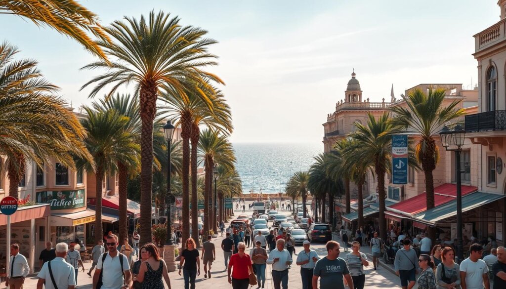 A lively scene in the heart of Mersin, Turkey's bustling coastal city. A wide avenue bustles with pedestrians and vehicles, lined with vibrant storefronts and cafes. In the foreground, people stroll leisurely, pausing to window-shop or sip aromatic Turkish coffee. Towering palm trees sway gently, casting warm, golden shadows across the scene. In the middle ground, historic buildings with ornate facades stand tall, blending old-world charm with modern energy. In the distance, the sparkling Mediterranean Sea glimmers under a cloudless sky, hinting at the coastal lifestyle that defines this dynamic urban center. The atmosphere is one of bustling activity, cultural richness, and a laidback Mediterranean vibe.